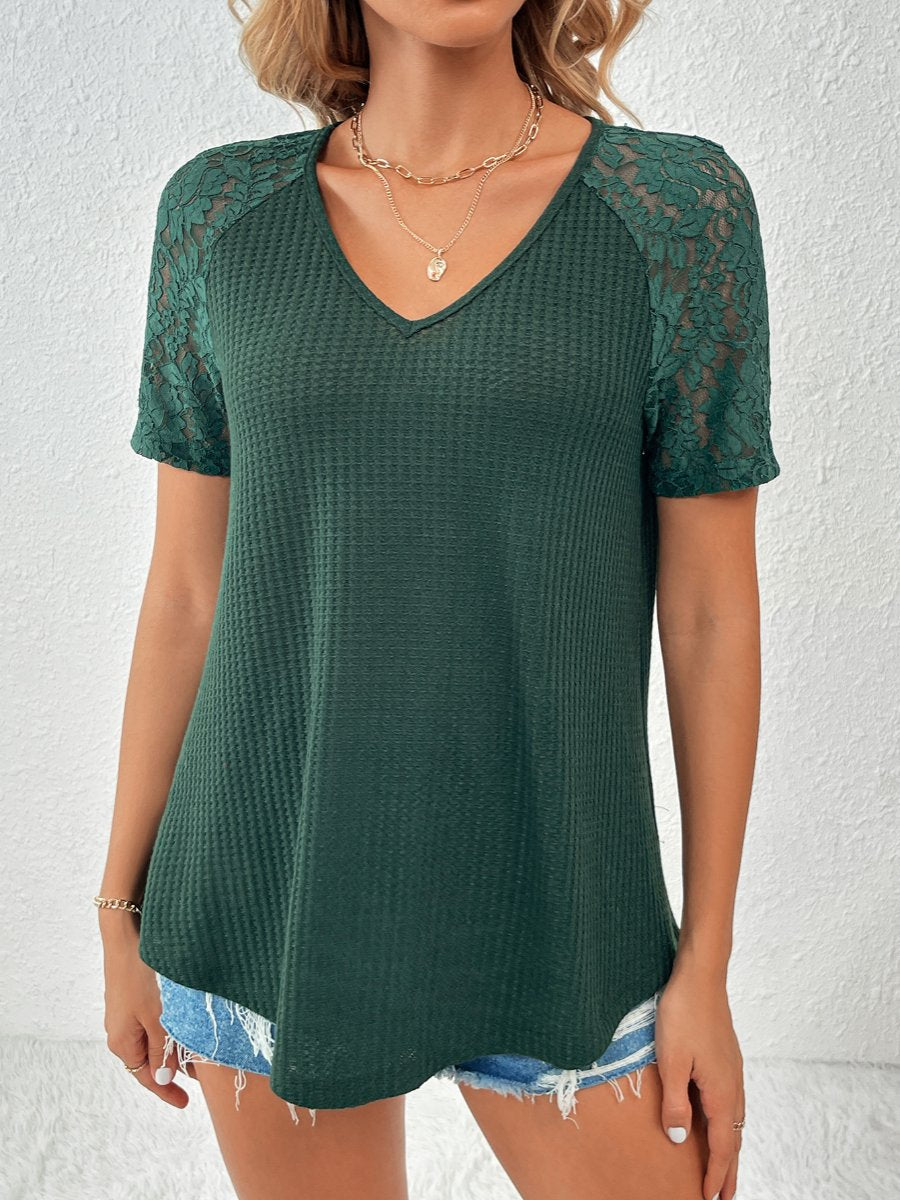 Hollow Lace Patchwork V-neck Loose T-shirt