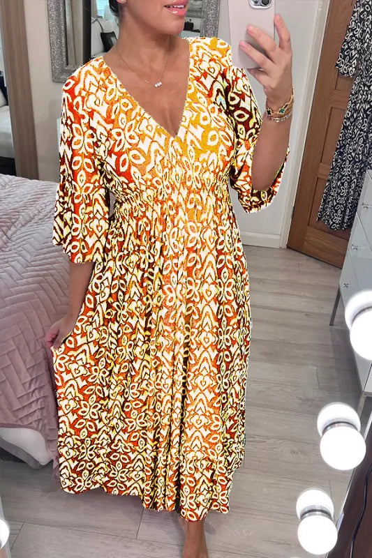 Bohemian - Casual Print V-Neck Long Dress